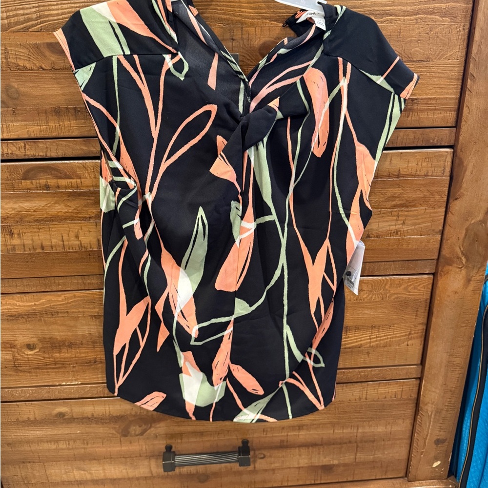 Nine West Black and Coral Leaf Print Top